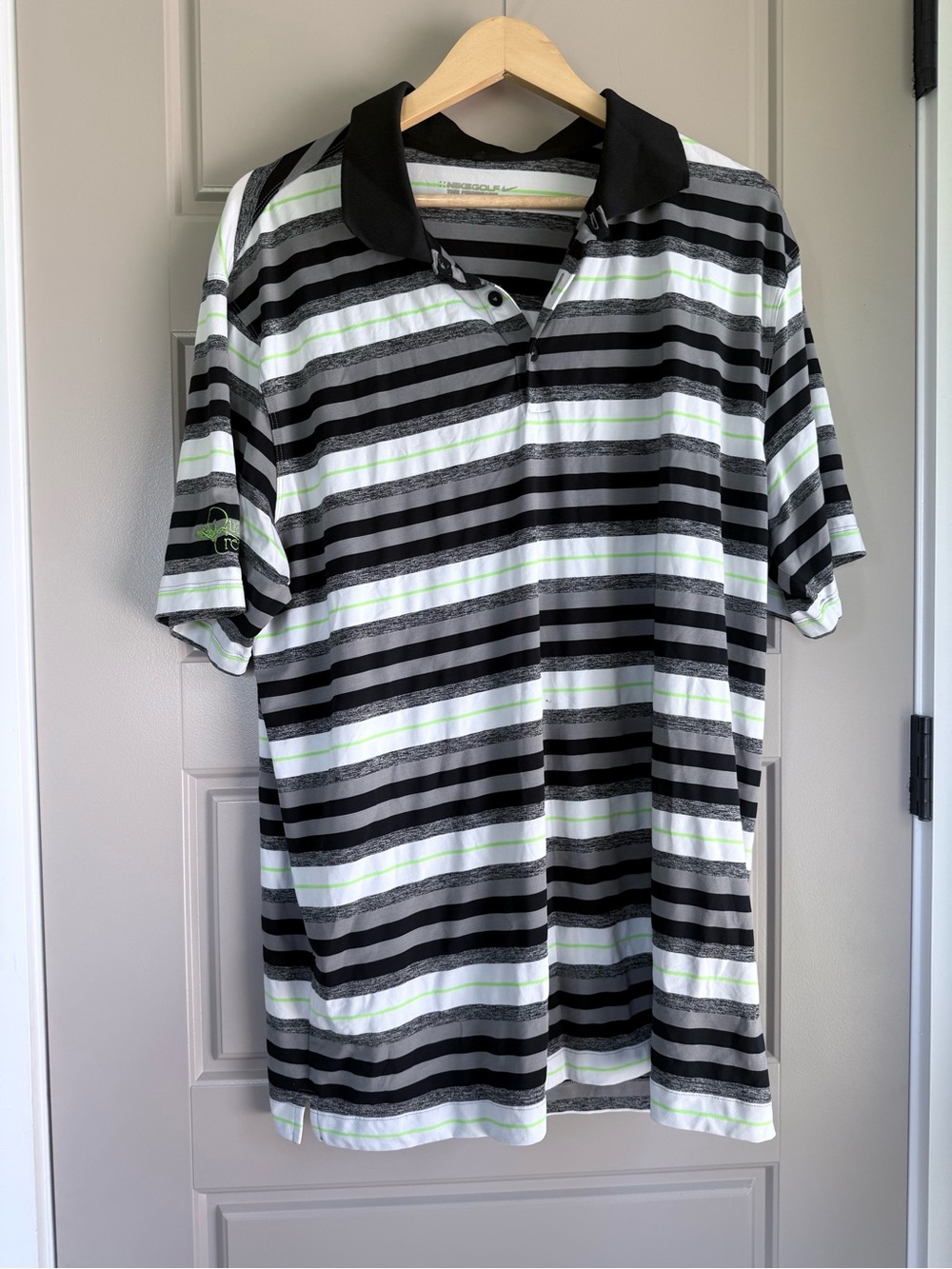 Nike Golf tour performance black white grey lime green striped Quail Creek polo
